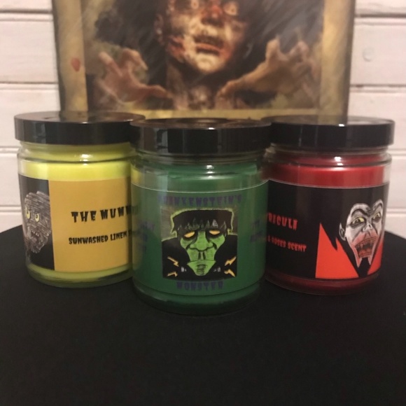 Hand Crafted Other - 9 Ounce Halloween Candles Of Dracula, The Mummy, And Frankenstein’s. Horror.